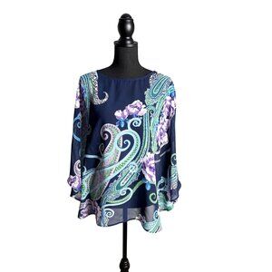 Bob Mackie Wearable Art Women's Blue Paisley Sheer Kaftan Top M
